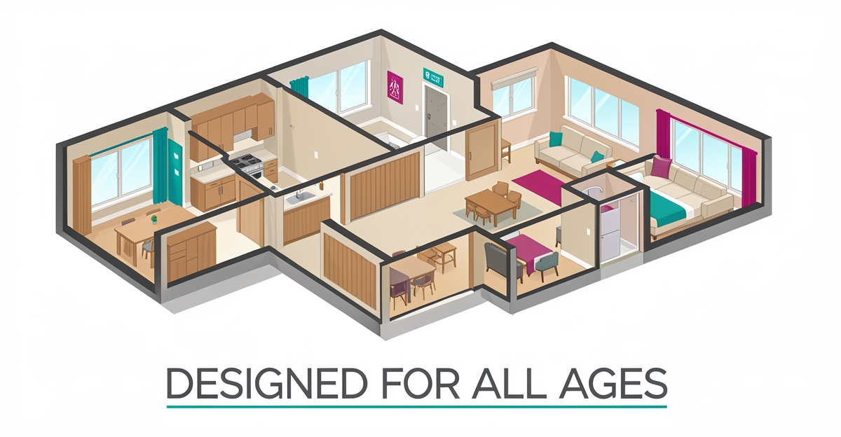 Modern flat illustration of accessible multigenerational home layout with aging-in-place features and brand-color accents.