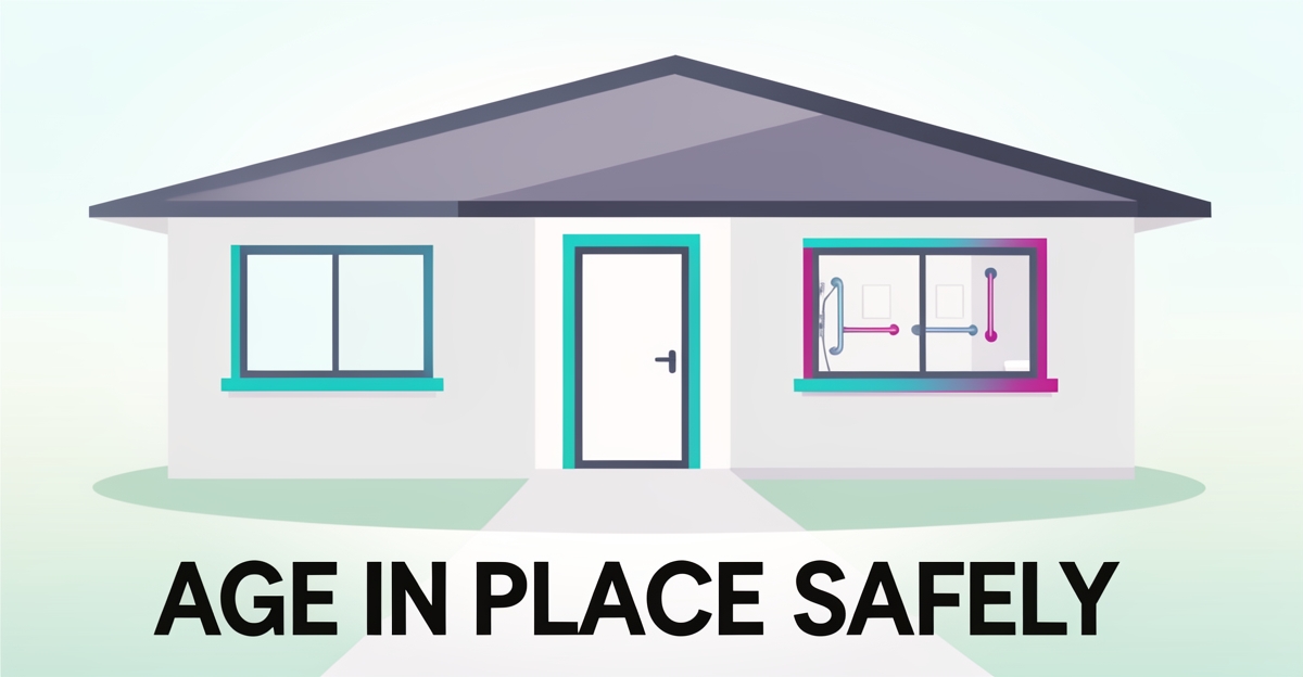 Flat illustration of an accessible senior-friendly home with zero-step entry and safety features, using brand colors, overlaid with headline 'Age in Place Safely' in lower third