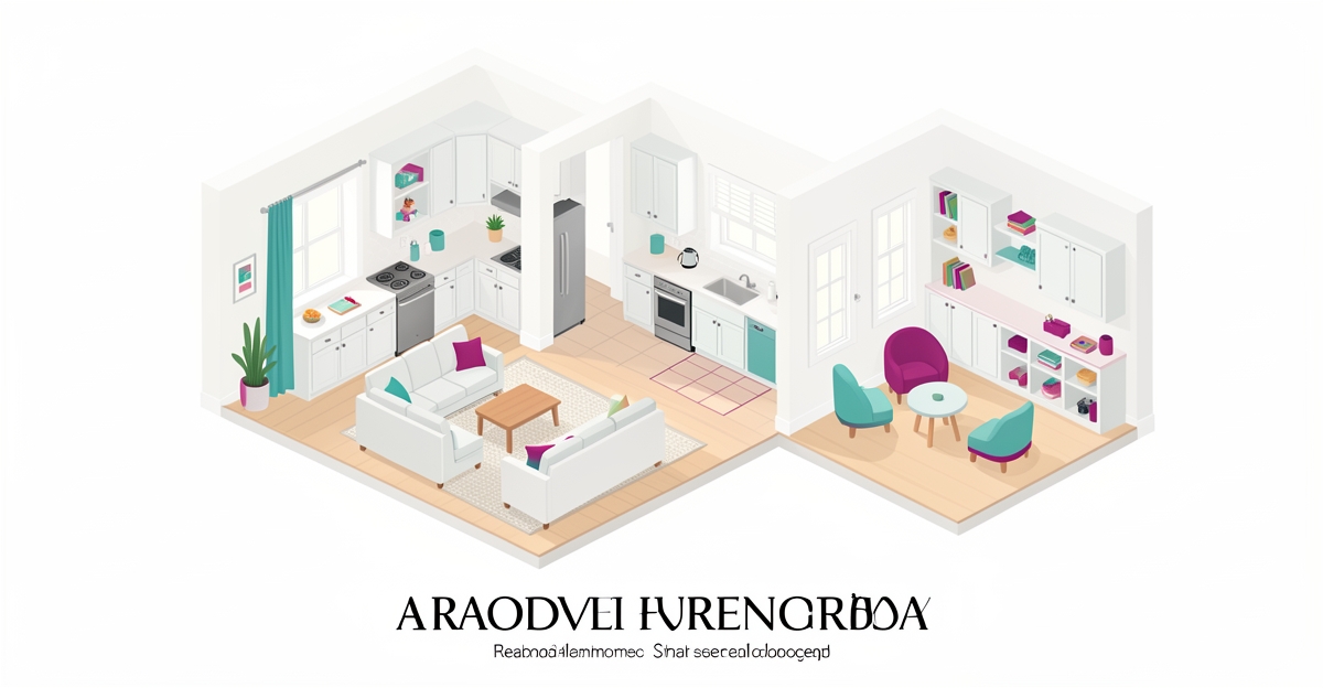 Flat illustration of a bright family home renovation with kid-safe design accents in teal and magenta highlights.