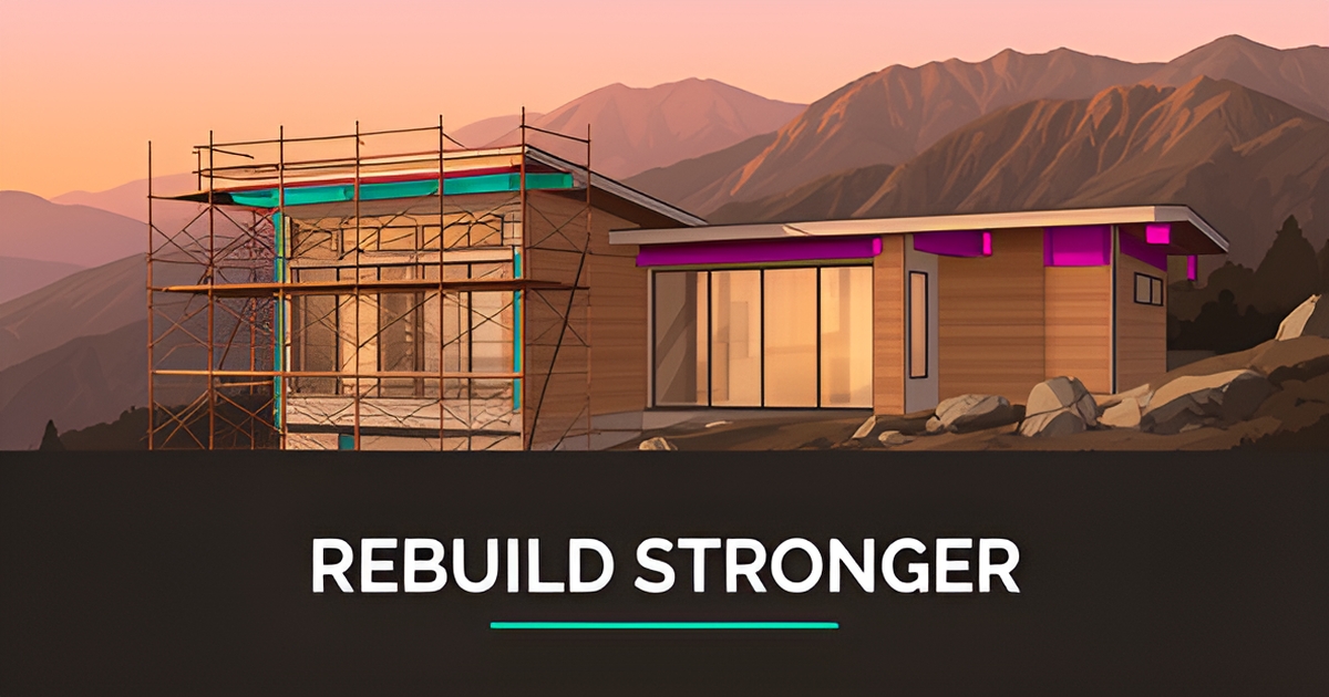 Flat illustration of a modern custom hillside home under construction in the Altadena foothills with mountains and brand-color accents.