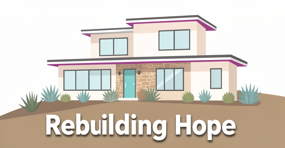 A minimalist flat illustration of a modern custom home in Altadena with brand color accents, featuring the headline 'Rebuilding Hope' in the lower third.