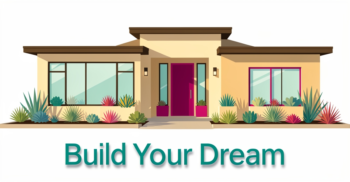 Modern custom home exterior in Altadena with teal and magenta accents, clean flat illustration style.