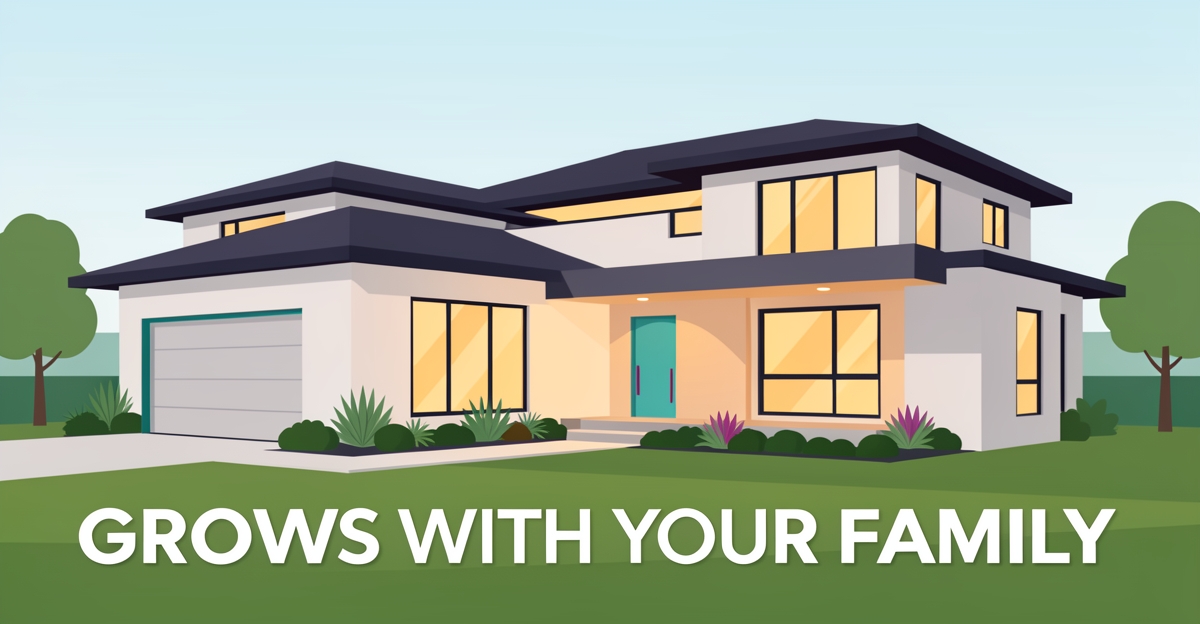 A modern custom home with brand-colored accents in a spacious yard, symbolizing a home designed to grow with a family, no people or text visible except the headline.