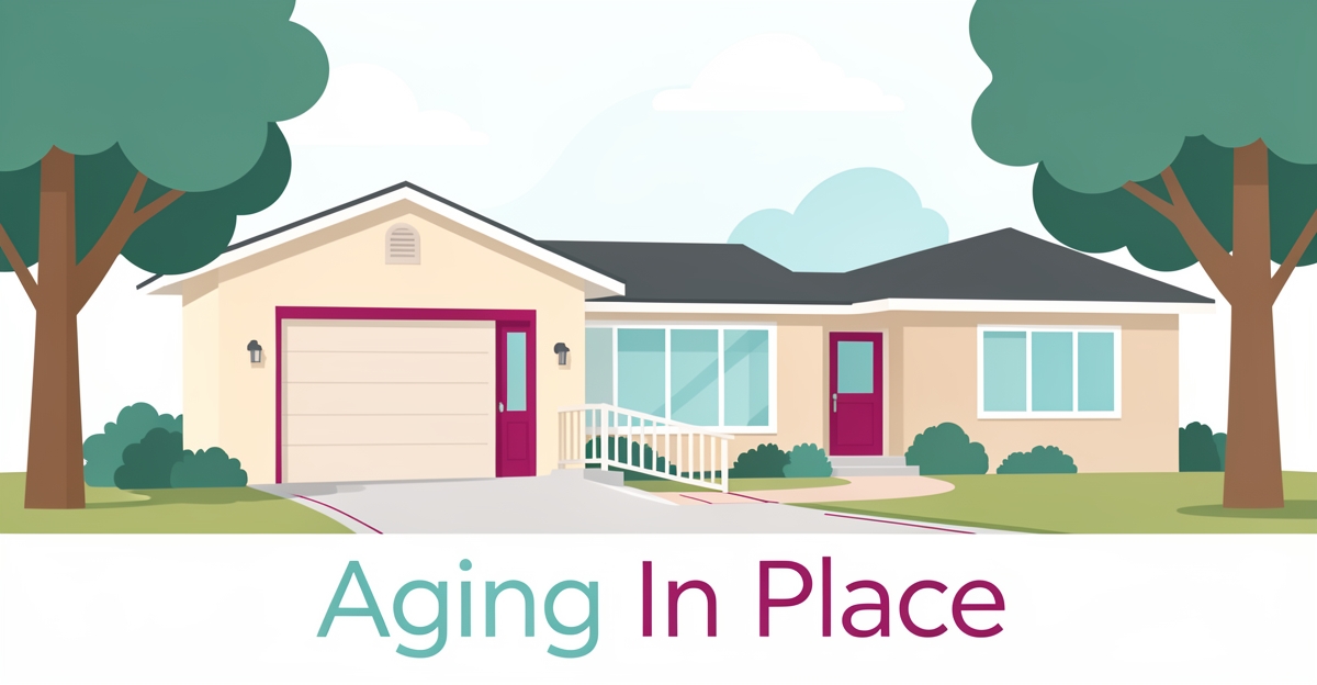 Flat illustration of a senior-friendly custom home with ramp and ADU in Altadena using teal and magenta accents.