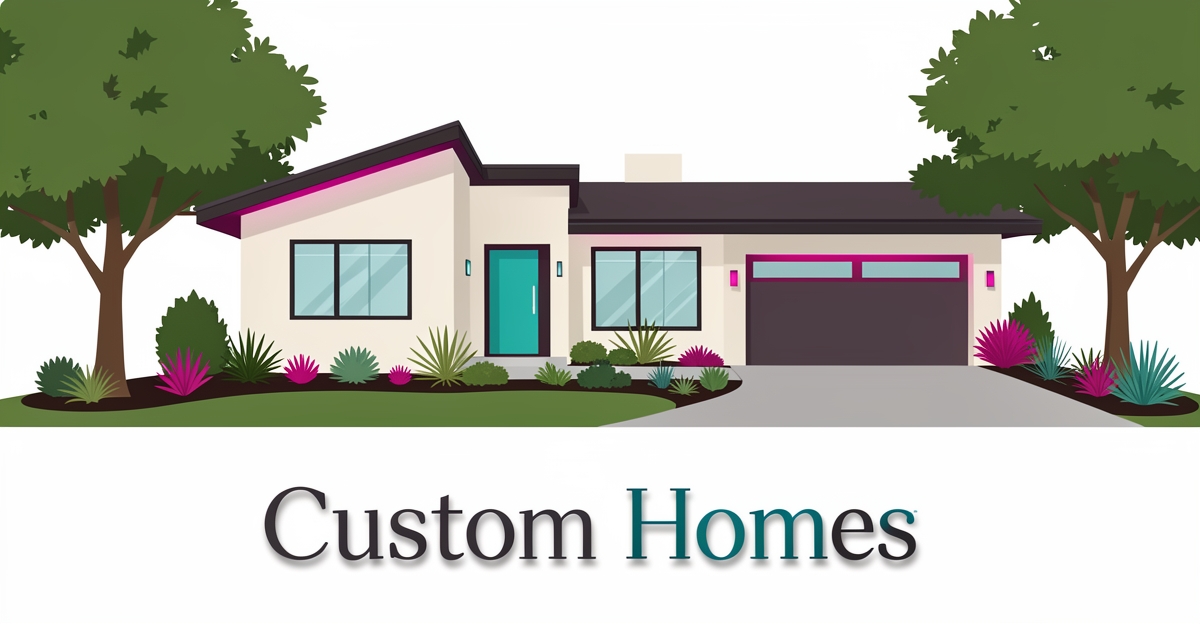 Modern luxury custom home in Altadena with teal and magenta brand accents, clean architectural lines, and landscaped grounds.