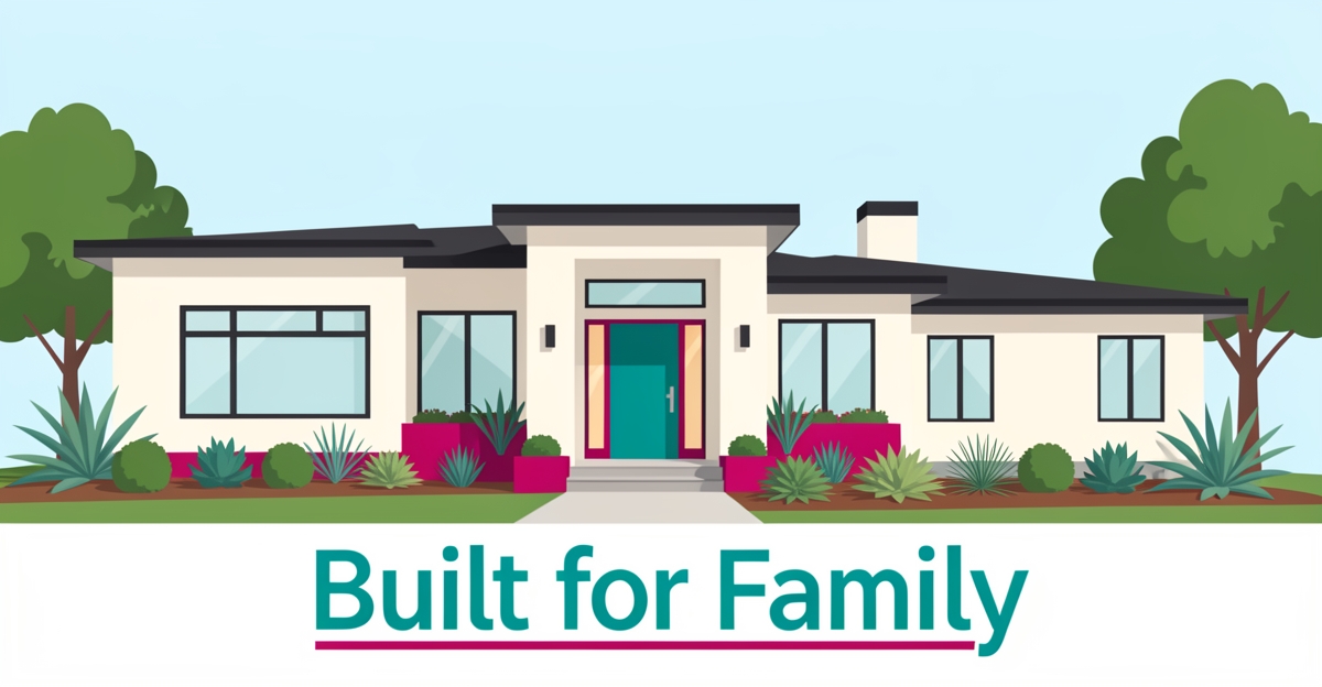 Modern custom home in Altadena with teal and magenta accents, designed for small families.