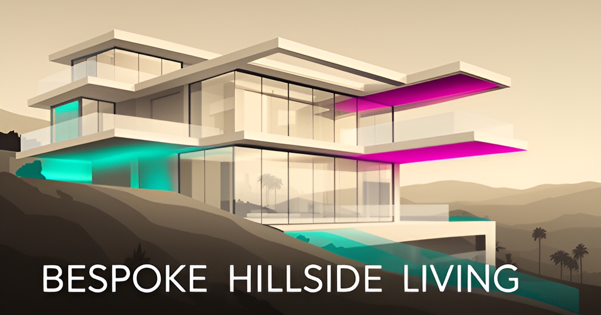 A minimalist flat illustration of a modern luxury hillside home in Los Angeles with vibrant teal and magenta accents.