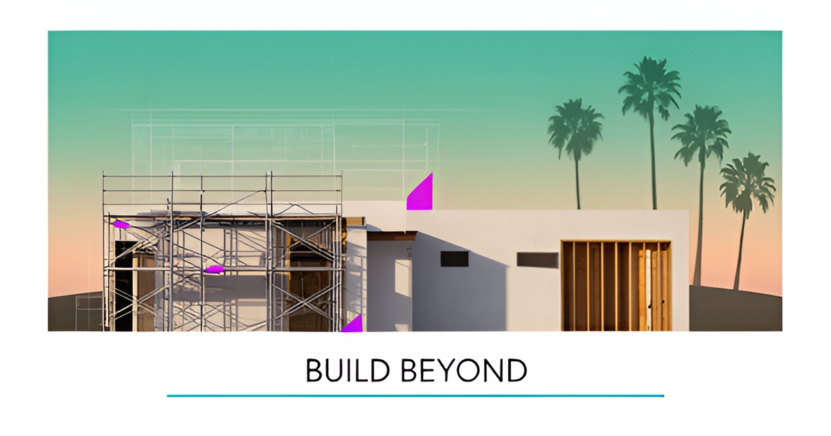 Flat illustration of a Los Angeles home under renovation with scaffolding and framing, accented in teal and magenta with a headline overlay.