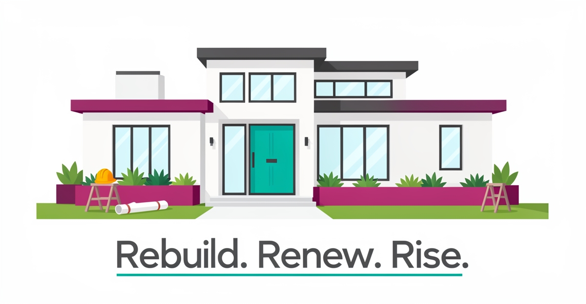 Modern rebuilt home exterior with teal and magenta accents, construction plans nearby, headline Rebuild Renew Rise.