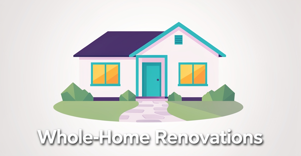 Minimalist flat illustration of a modern home with brand-colored accents, featuring the headline 'Whole-Home Renovations' in the lower third, suitable for a custom home builder's service page.