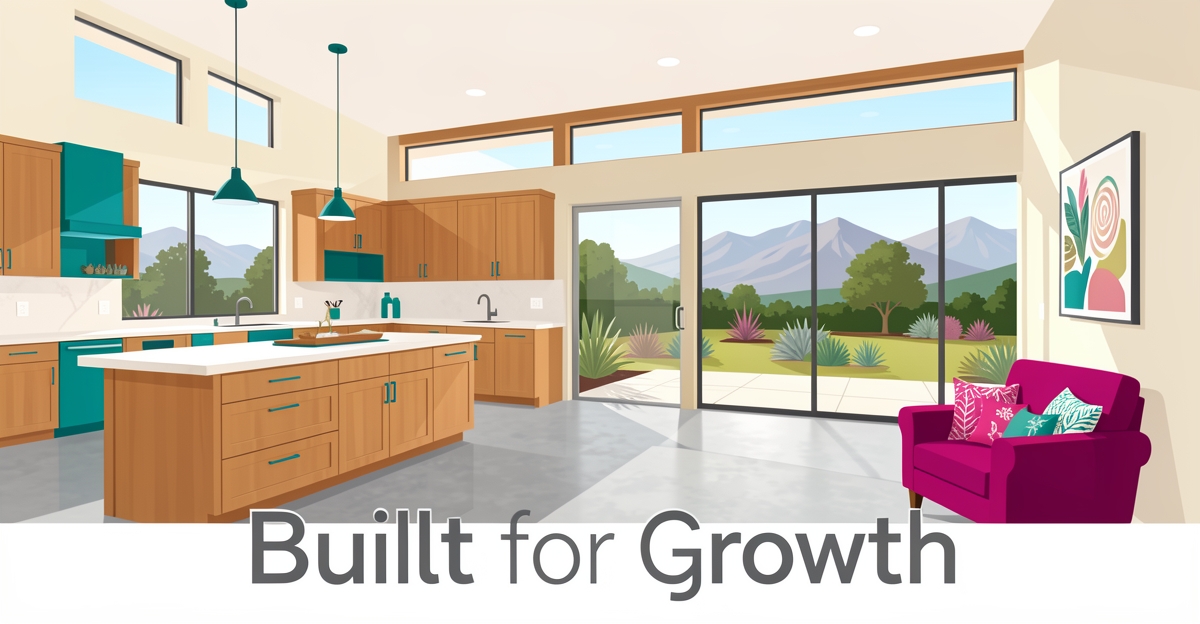 Modern Altadena home renovation with open living space, mountain views, and teal and magenta brand accents.
