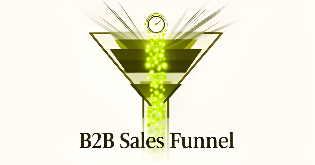 Flat illustration of a B2B sales funnel with green lead dots flowing to conversion, accented with lime-green headline text.