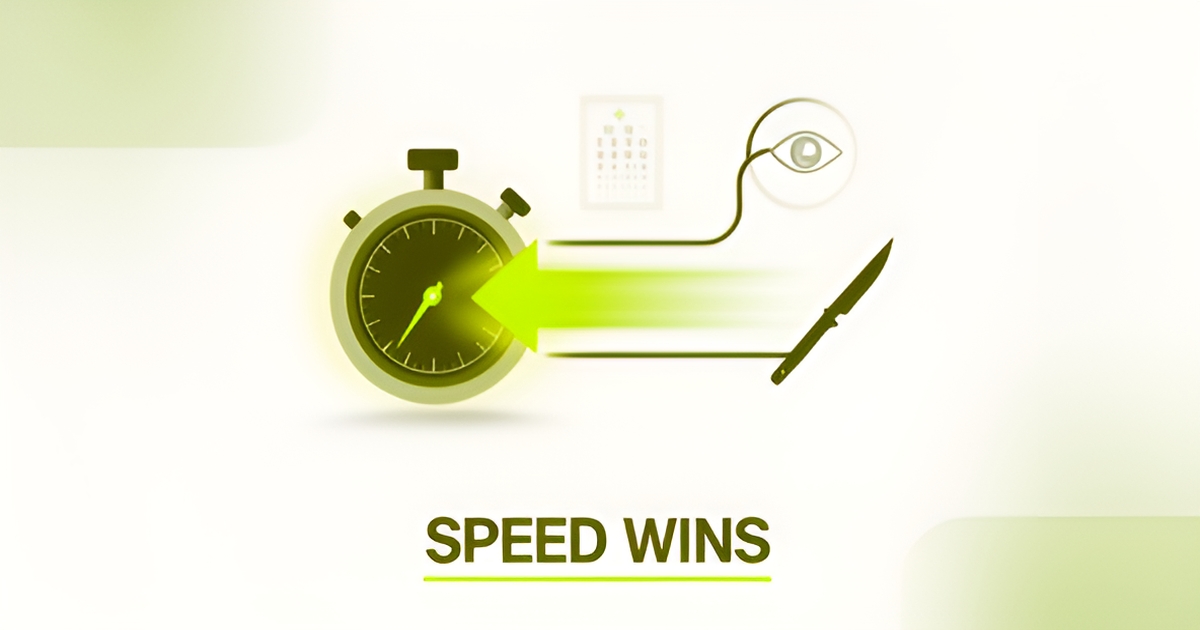 Flat illustration of a stopwatch linked to eye and medical icons with lime green accents and headline reading Speed Wins.