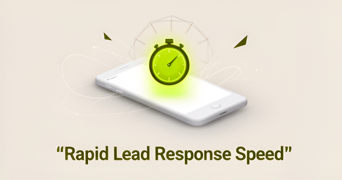 Flat illustration of a smartphone with stopwatch icon symbolizing fast lead response, accented in lime green and olive tones.