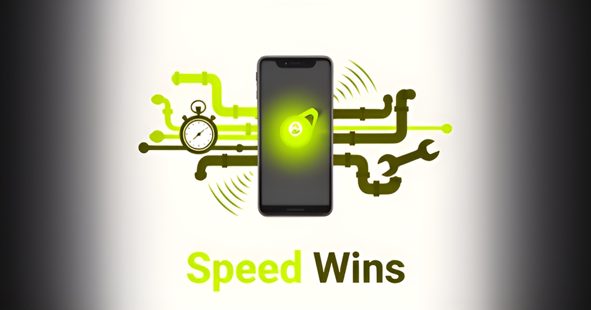 Flat illustration of a smartphone receiving an instant plumbing lead notification connected to pipes and a stopwatch, symbolizing speed-to-lead conversion advantage.