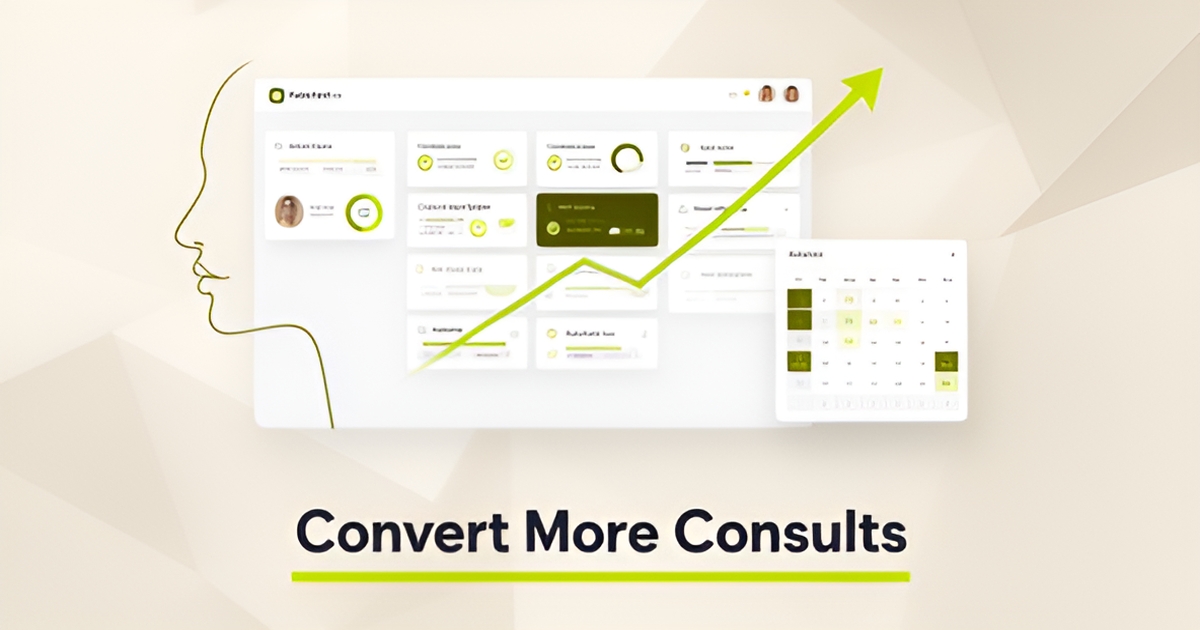 Flat illustration of a CRM dashboard tracking cosmetic surgery clinic leads and booked consultations with lime green brand accents.