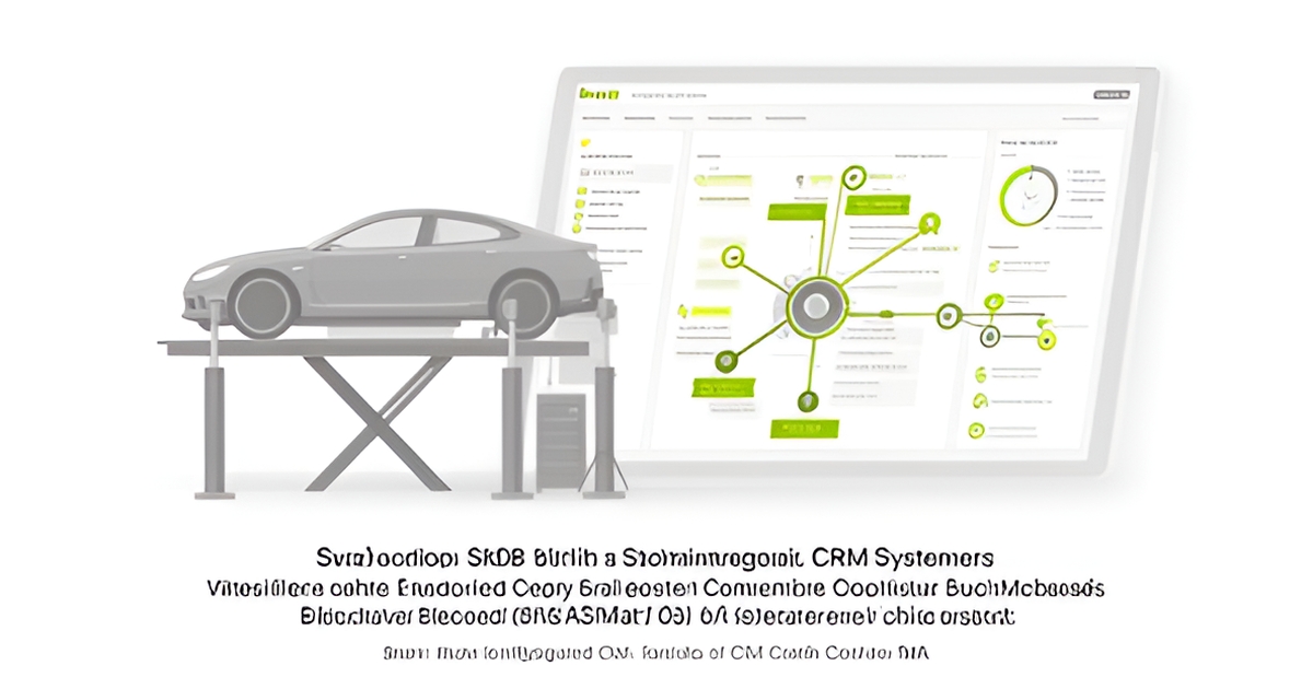 Flat illustration of an auto body shop desk with a CRM dashboard beside a car on a lift, connected by lime green data lines, with the headline Choose Wisely.