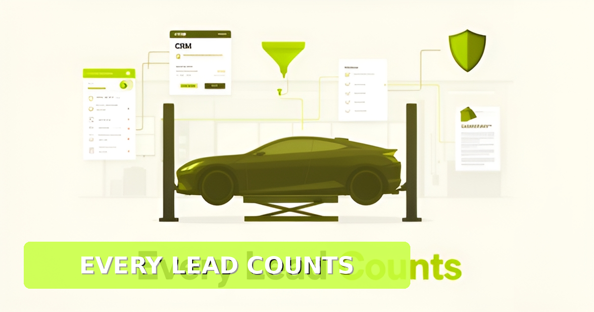 Flat illustration of an auto body shop with CRM dashboard, lead funnel, and checklist icons in lime green accents.