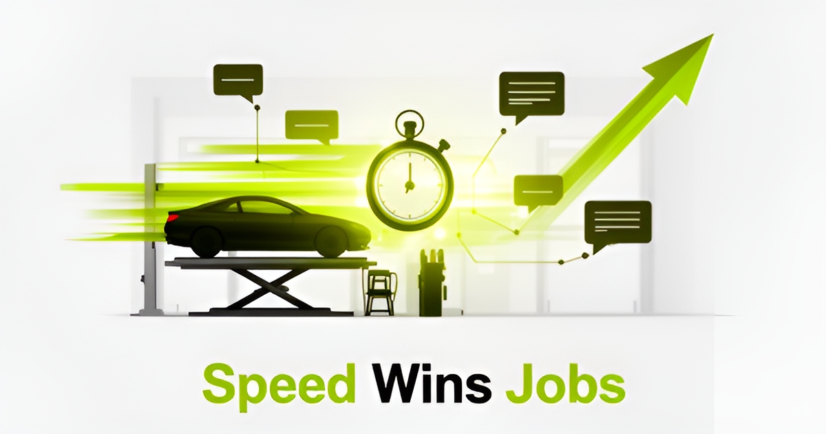 Flat illustration of a car on a lift with stopwatch and lead-response motifs, accented in lime green, with headline Speed Wins Jobs.