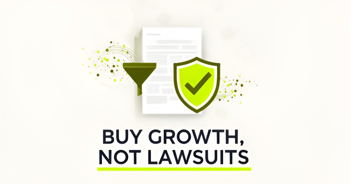 Flat illustration of a verified consent document with shield and checkmark beside a lead funnel, accented in lime green, with headline Buy Growth Not Lawsuits.