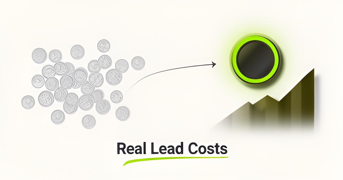 Flat illustration comparing scattered cheap shared leads with one valuable exclusive lead, highlighting real PDR lead cost benchmarks.