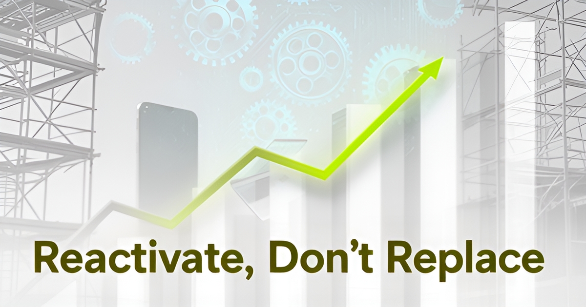 A modern illustration of a construction site with a graph showing cost savings and ROI, symbolizing dead lead reactivation.