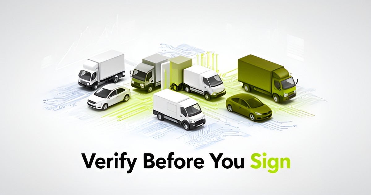An illustration of a fleet of vehicles with abstract technology elements, representing fleet management and vendor evaluation.