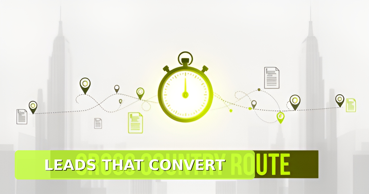 Flat illustration of a long-distance moving route with a stopwatch symbolizing fast lead follow-up, accented in lime green.