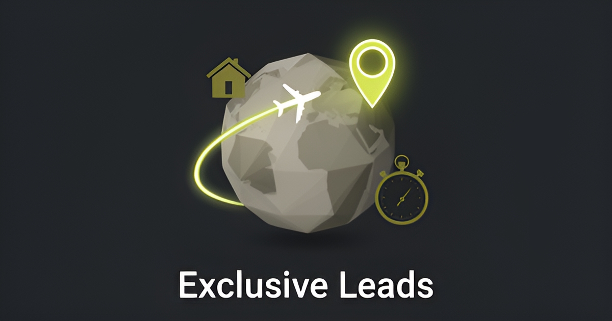 Flat illustration of a globe with a flight path to a house pin and stopwatch, accented in lime green, with headline Exclusive Leads.