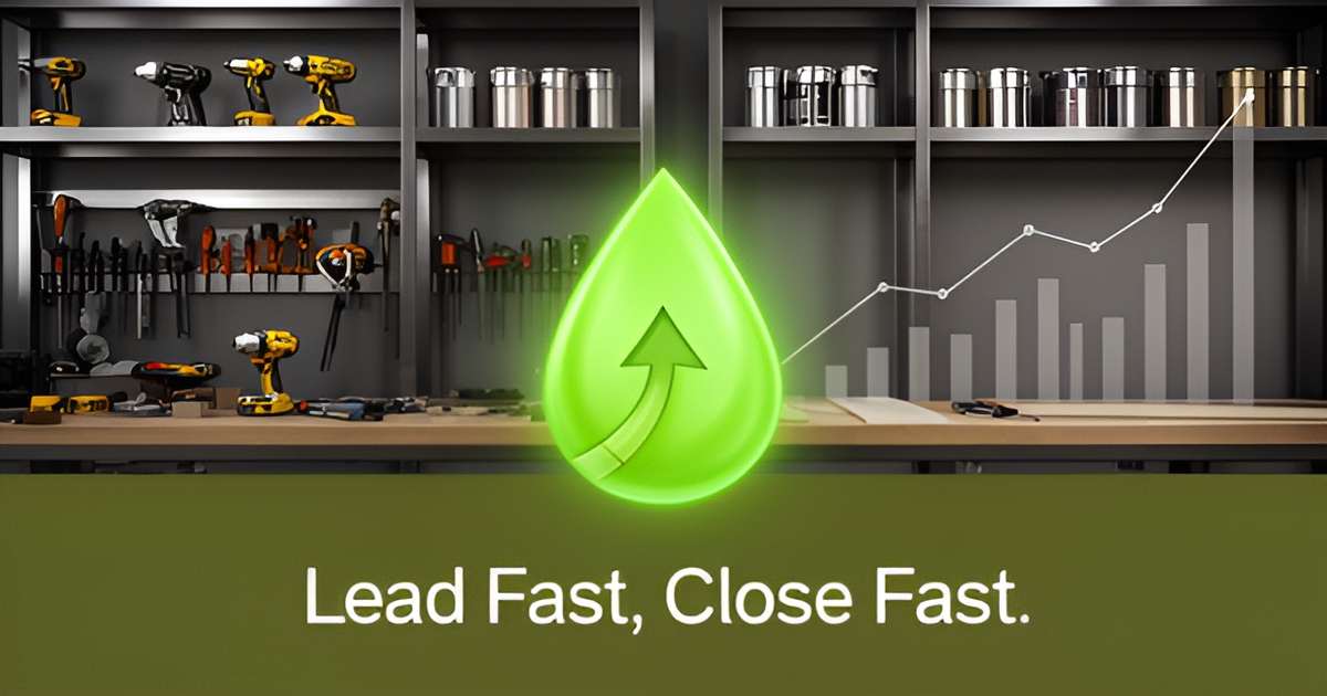 Illustration of a contractor's workshop with a glowing green lead icon and an upward trend graph in the background.