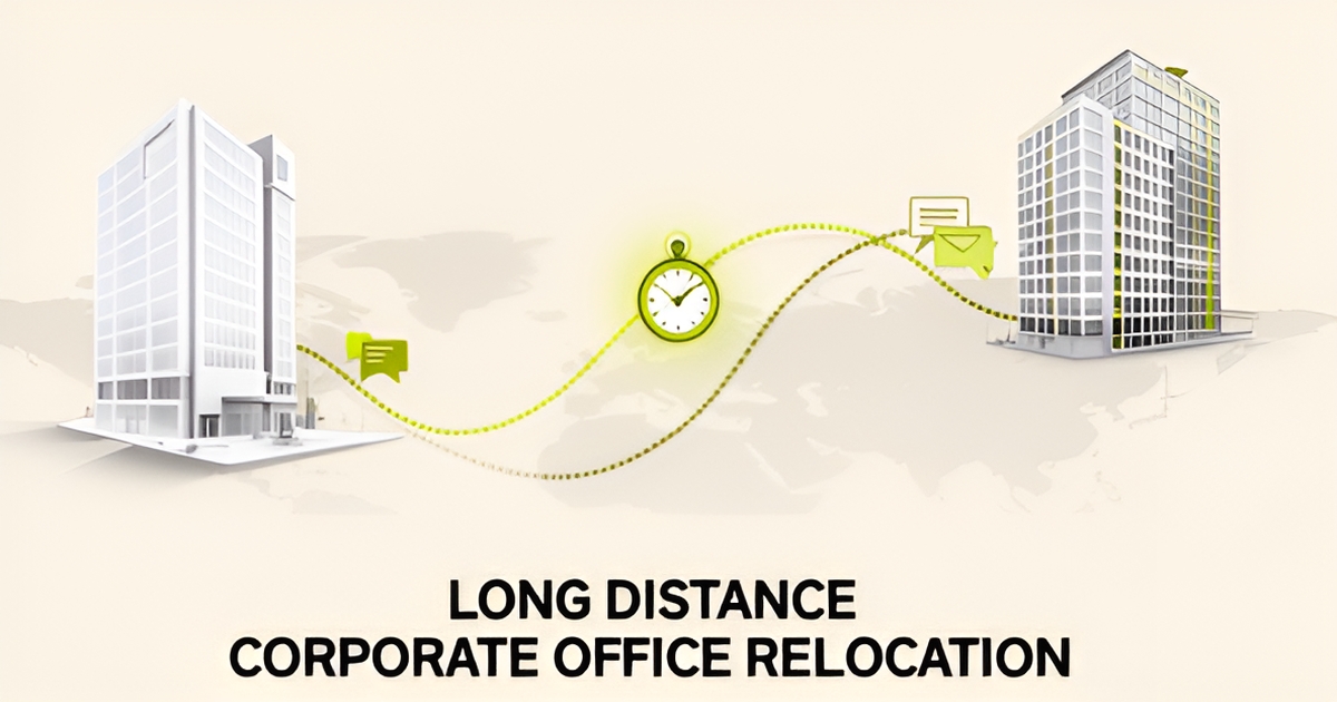 Flat illustration of two office buildings connected by a route line with a stopwatch, representing fast long-distance moving lead follow-up.