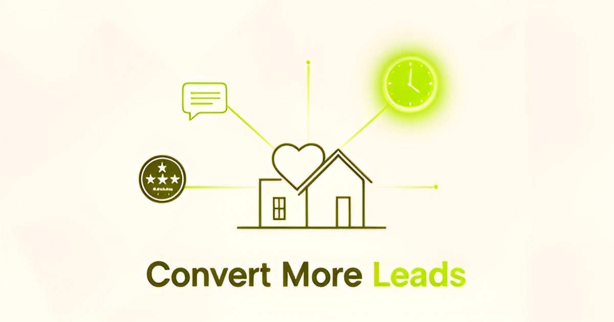 Flat illustration of a home connected by lime green lines to a clock, chat bubble, and star rating icons, symbolizing fast lead conversion.