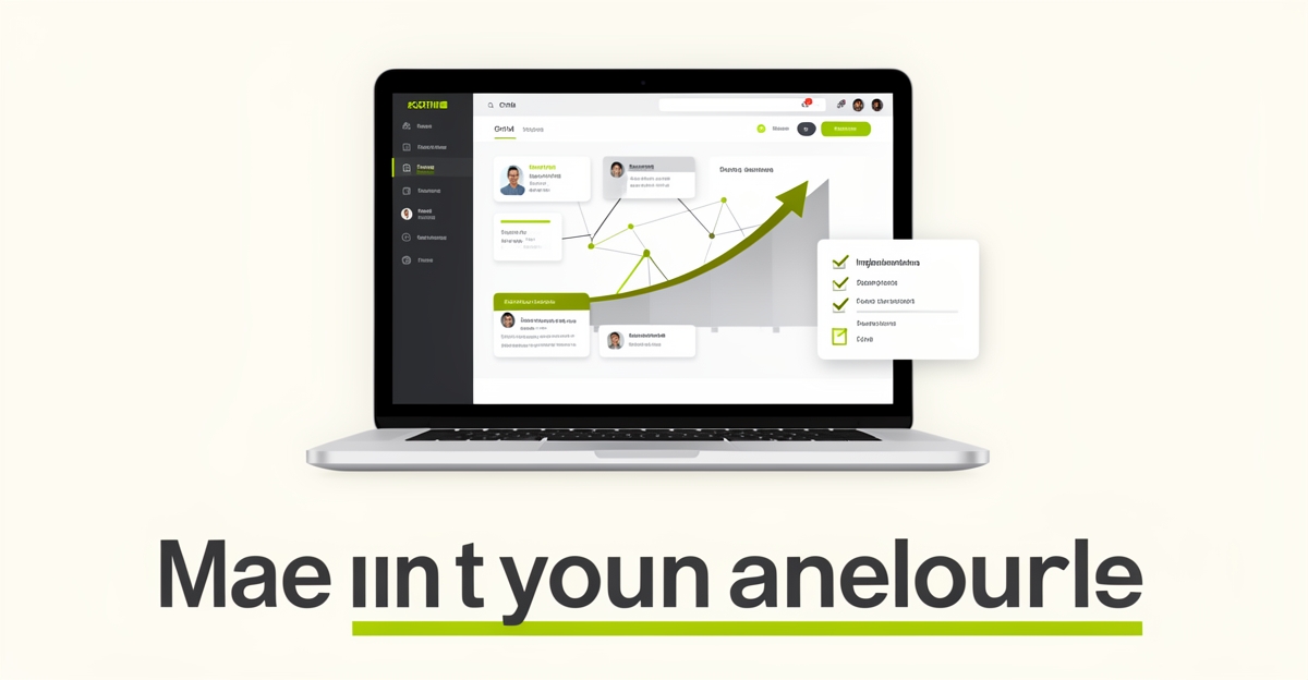 Flat illustration of a laptop showing a CRM dashboard with lime green accents and a checklist, titled Pick, Set Up, Win.
