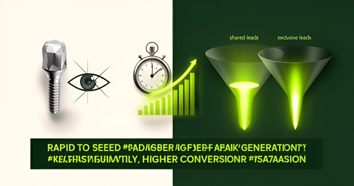 Flat illustration of dental implant and LASIK icons beside a stopwatch and conversion chart highlighting exclusive lead generation.