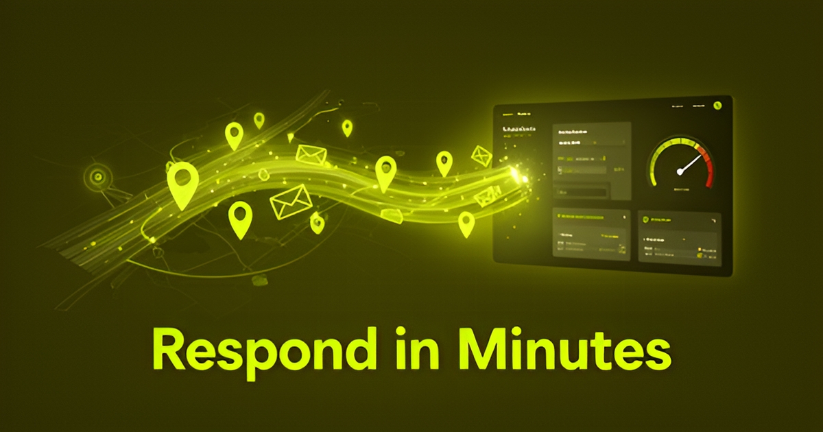 Flat illustration of moving leads flowing instantly into a CRM dashboard, symbolizing fast response and higher conversions.