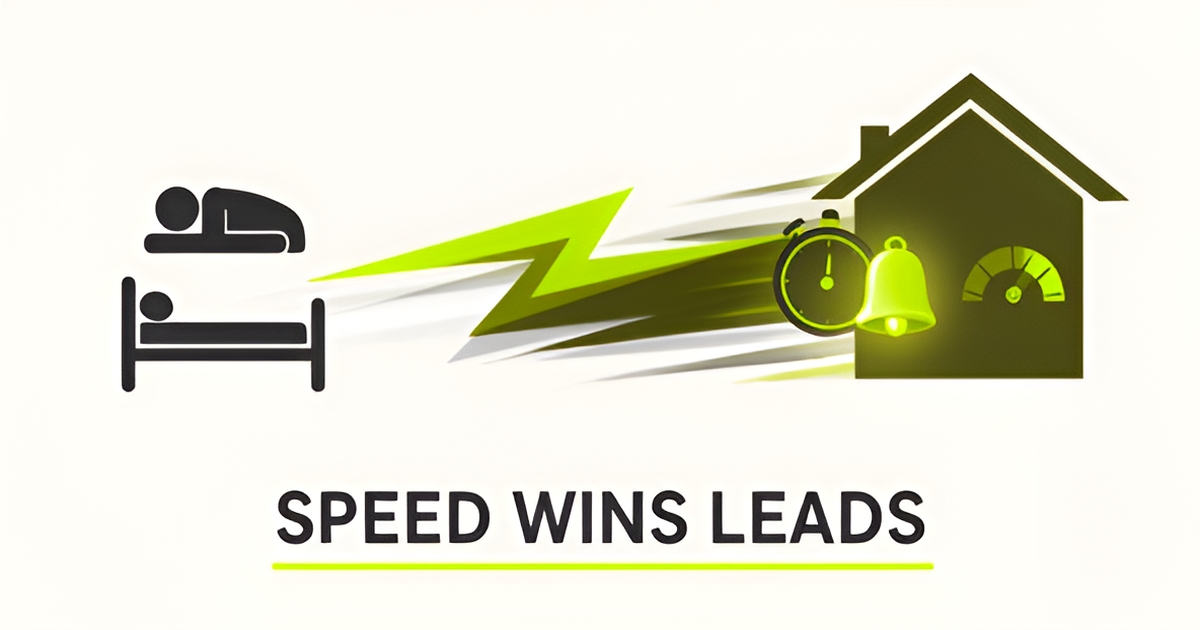 Flat illustration linking sleep clinic and roofing icons to a fast-response conversion bell with lime green accents, headline Speed Wins Leads.