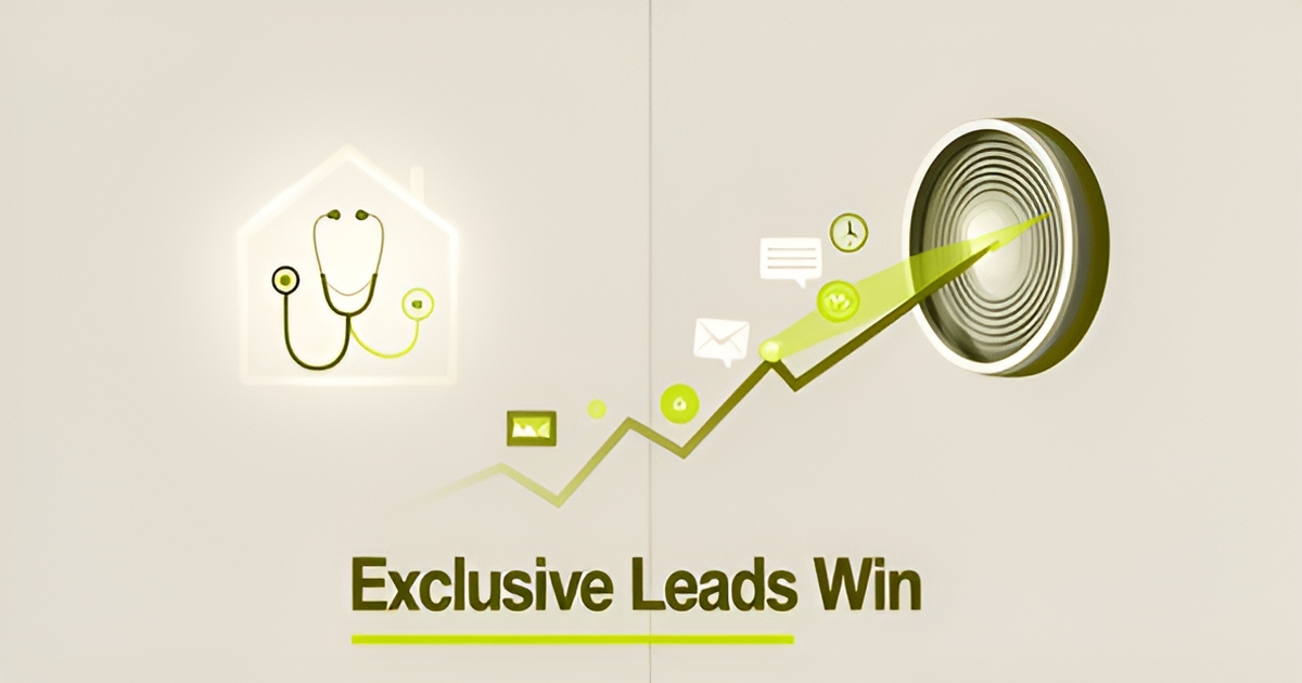 Flat illustration of concierge medicine and optometry marketing concepts with rising lead growth curve in lime green accents, headlined Exclusive Leads Win.