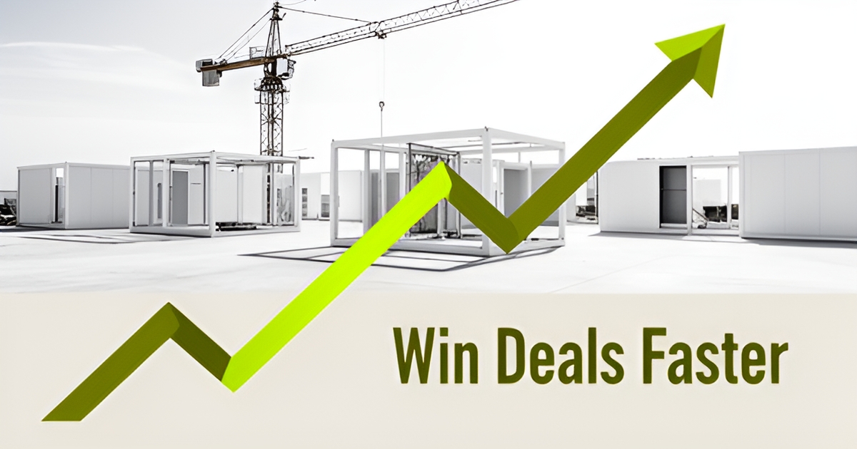 A modular building construction site with an upward trend graph, representing increased efficiency and growth.
