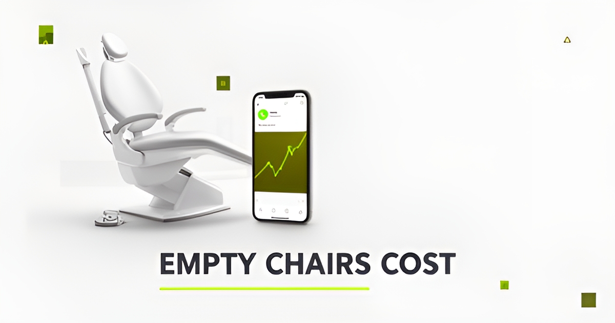 Flat illustration of an empty dental surgery chair next to a smartphone with an incoming call alert and rising growth chart in green brand accents.
