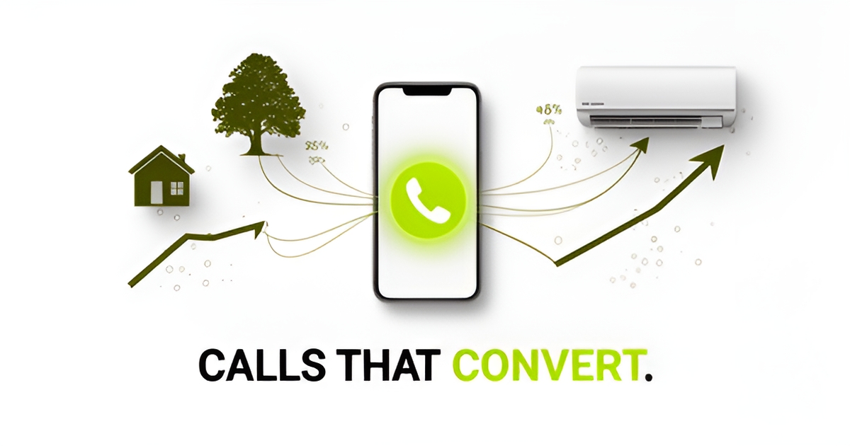 Flat illustration of a smartphone call connecting to a house, tree, and AC unit, symbolizing high-converting pay-per-call leads for home services.
