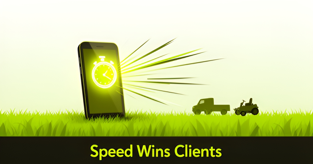 Flat illustration of a smartphone with a stopwatch notification on a green lawn, symbolizing fast lead response for lawn care companies.