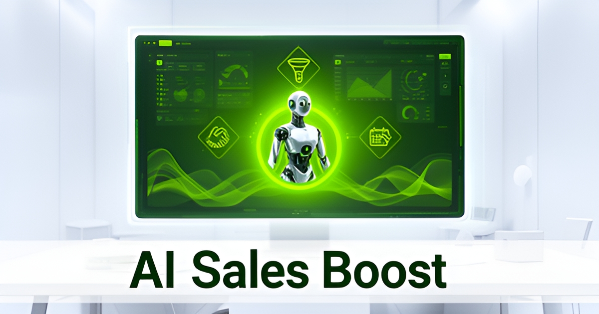 A futuristic illustration of an AI sales agent workspace with a dashboard and robotic assistant icon.