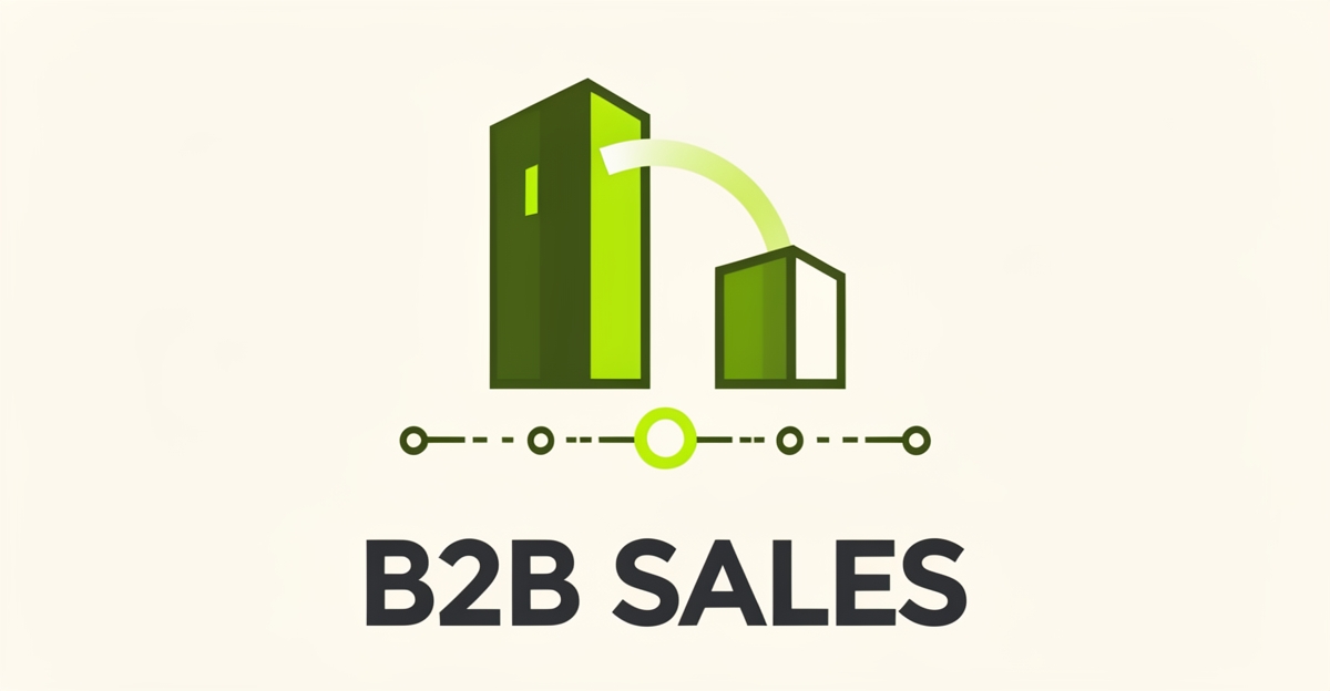 Flat illustration of two connected business structures with a milestone timeline, representing the B2B sales process in brand green accents.