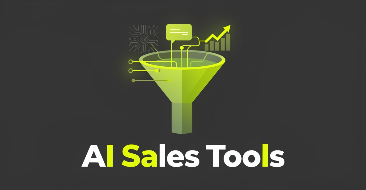 Flat illustration of an AI-powered sales pipeline funnel in lime green accents with the headline AI Sales Tools.