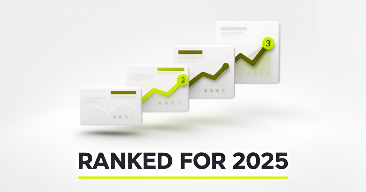 Flat illustration of five ranked CRM dashboard cards in ascending order with lime green growth accents and a 2025 ranking headline.