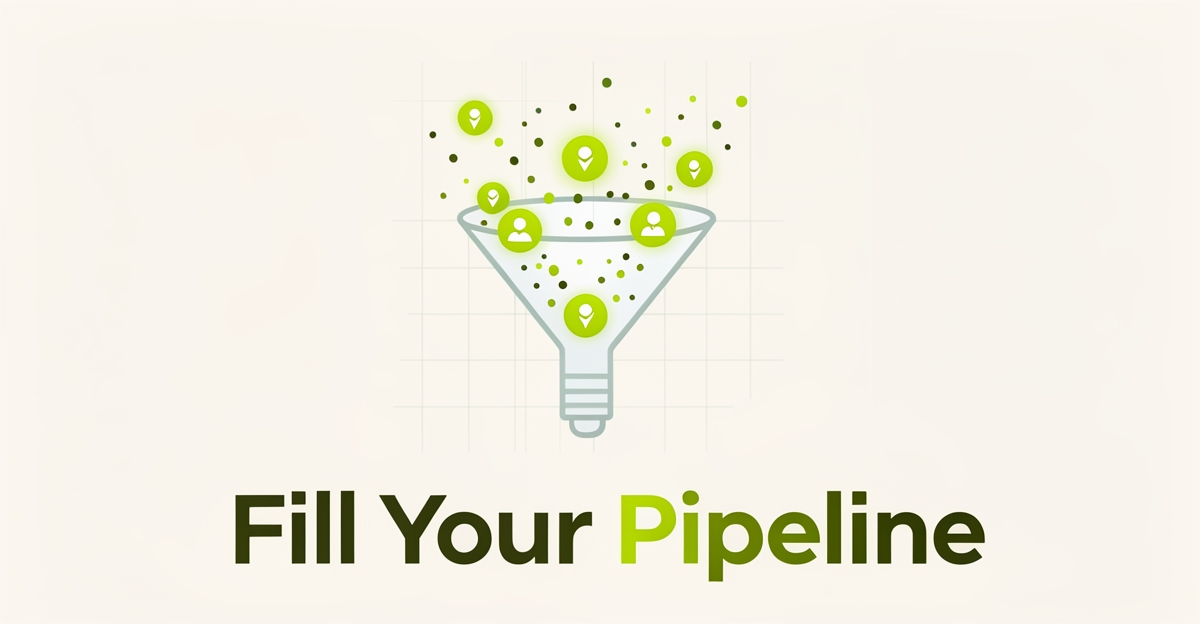 Flat illustration of a B2B lead funnel converting scattered prospects into qualified leads with upward-trending dashboard chart in lime green accents.