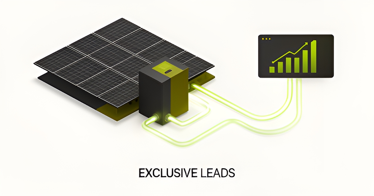 Flat illustration of a battery storage unit feeding glowing lead-flow lines into a funnel, with the headline Exclusive Leads.