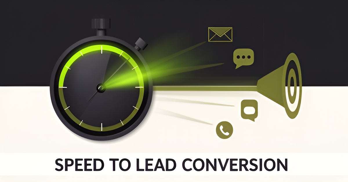 Flat illustration of a stopwatch at five minutes with fast-moving message icons racing toward a target, symbolizing rapid lead response.