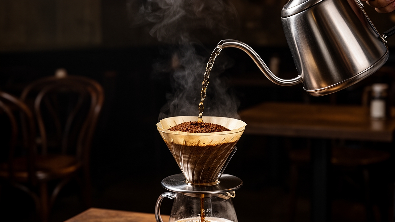 A pour-over brewing at the Kettle & Crow bar