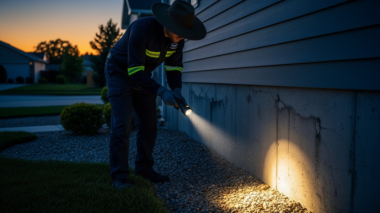 A Perimeter inspector at a foundation line at dusk